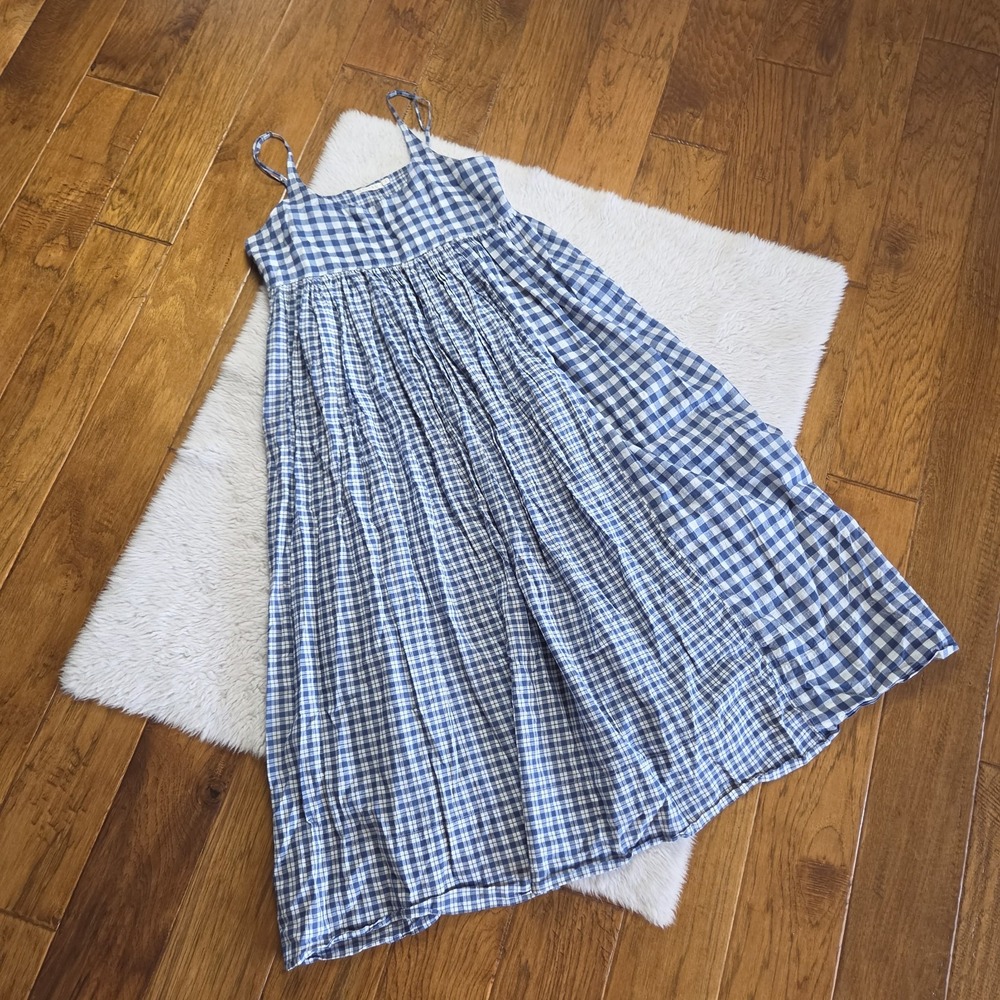 Injiri Hand-Loomed Dress Women's Small 100% Cotton Blue Gingham Sleeveless